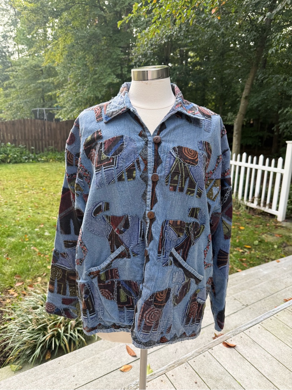 Vintage Tréska Blue Cotton Elephant Print Button-Down Boho Jacket OSFM XLG